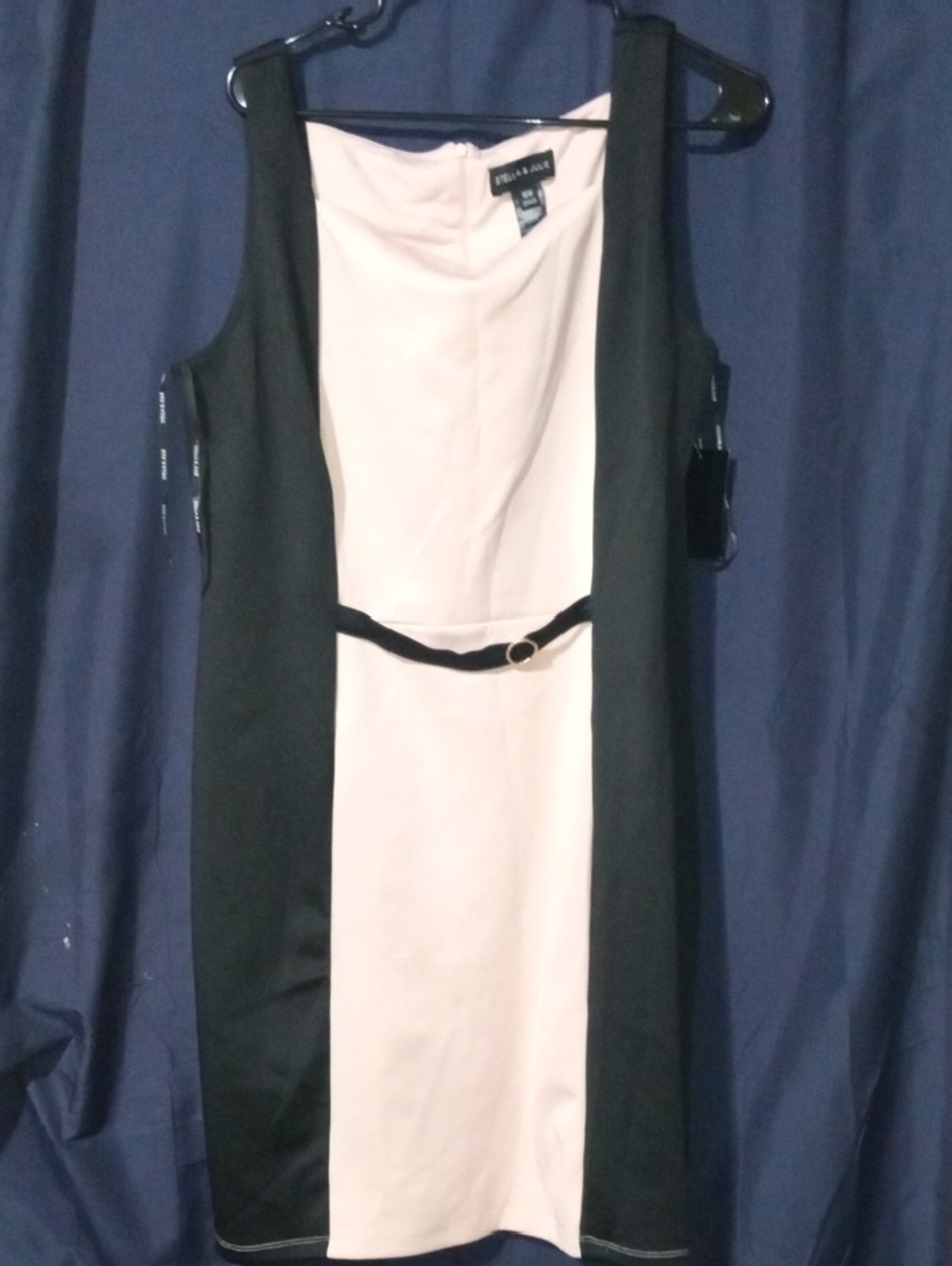 Stella & Julie Black and Blush Sleeveless Sheath Dress with Waist Belt